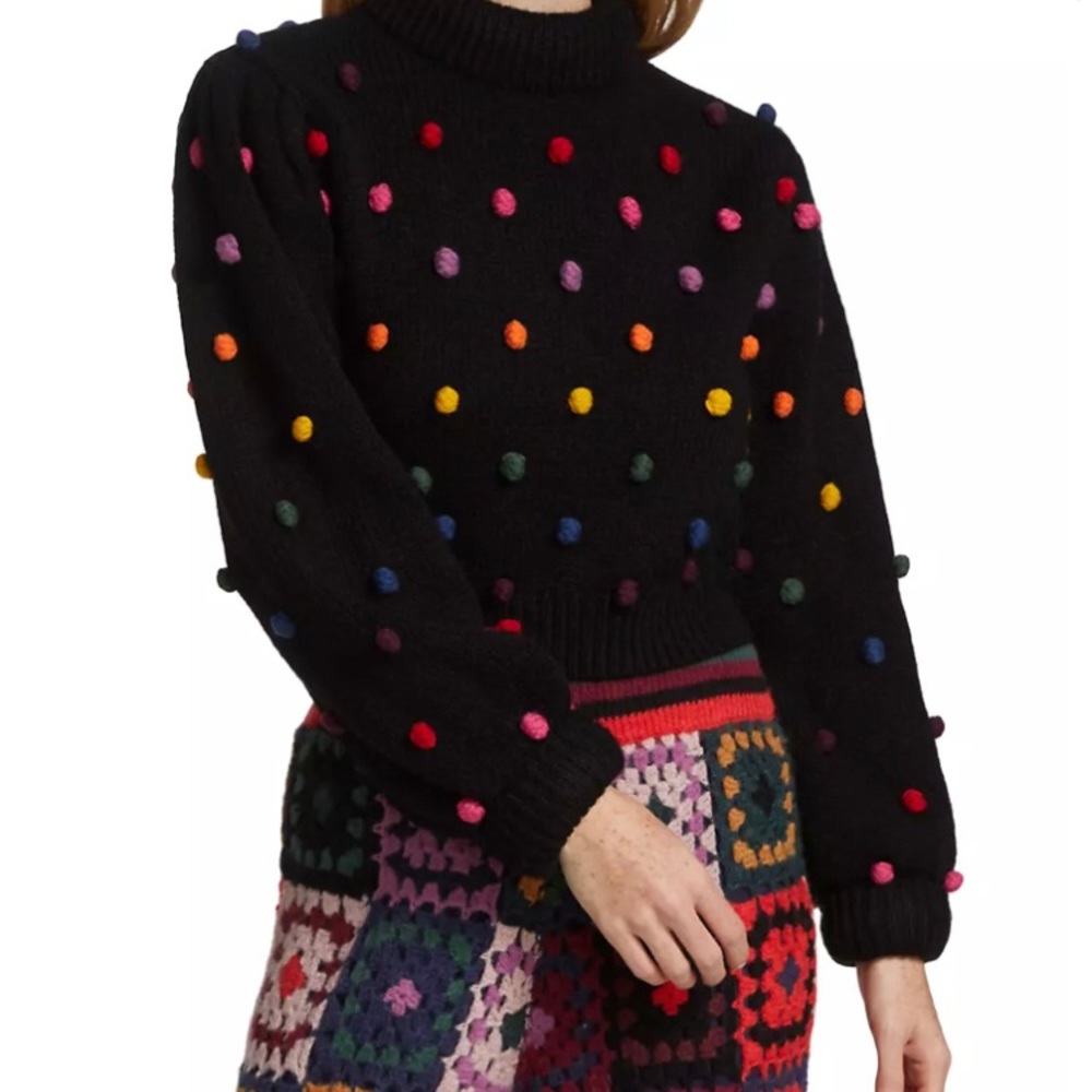 FARM Rio Black Wool turtle neck Sweater with Colorful Pom Poms